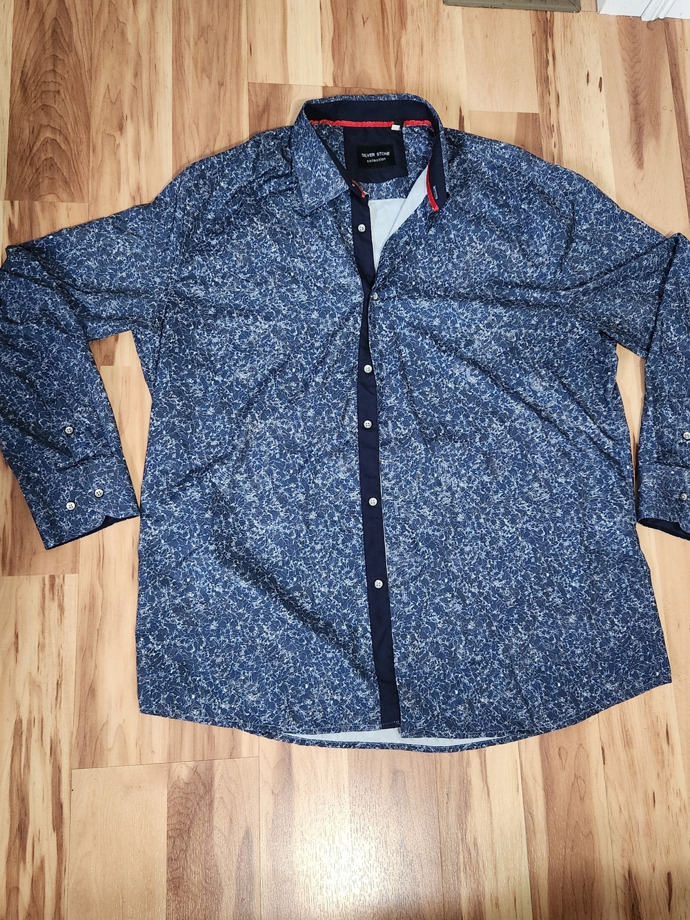 Pierre Cardin Navy Blue Floral-Print Long Sleeve Button-Down Shirt